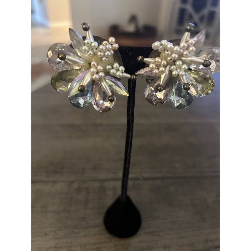 Vintage Pastel Crystal And Pearl Cluster Post Earrings